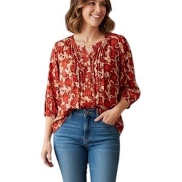 GAP Tops - Gap Womens Floral 3/4 Sleeve Pintuck Blouse Top Size XXL Red Buttons Lightweight